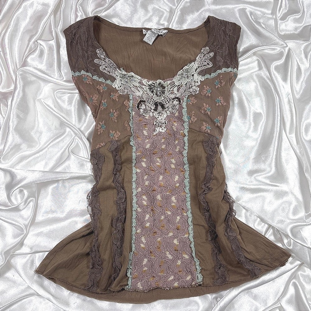 y2k Top Brown Excellent Young Essence Lace Beaded Fairycore Boho Sleeveless L